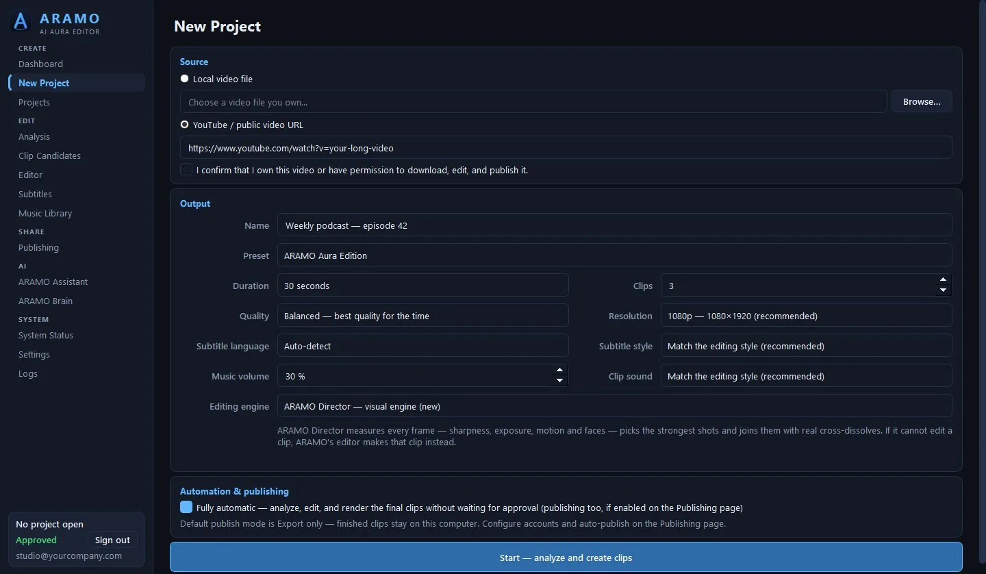 ARAMO's New Project page in dark theme with ARAMO Director chosen as the editing engine: source link, output settings for duration, clips, quality, resolution, subtitles, music and clip sound, and the fully automatic option.