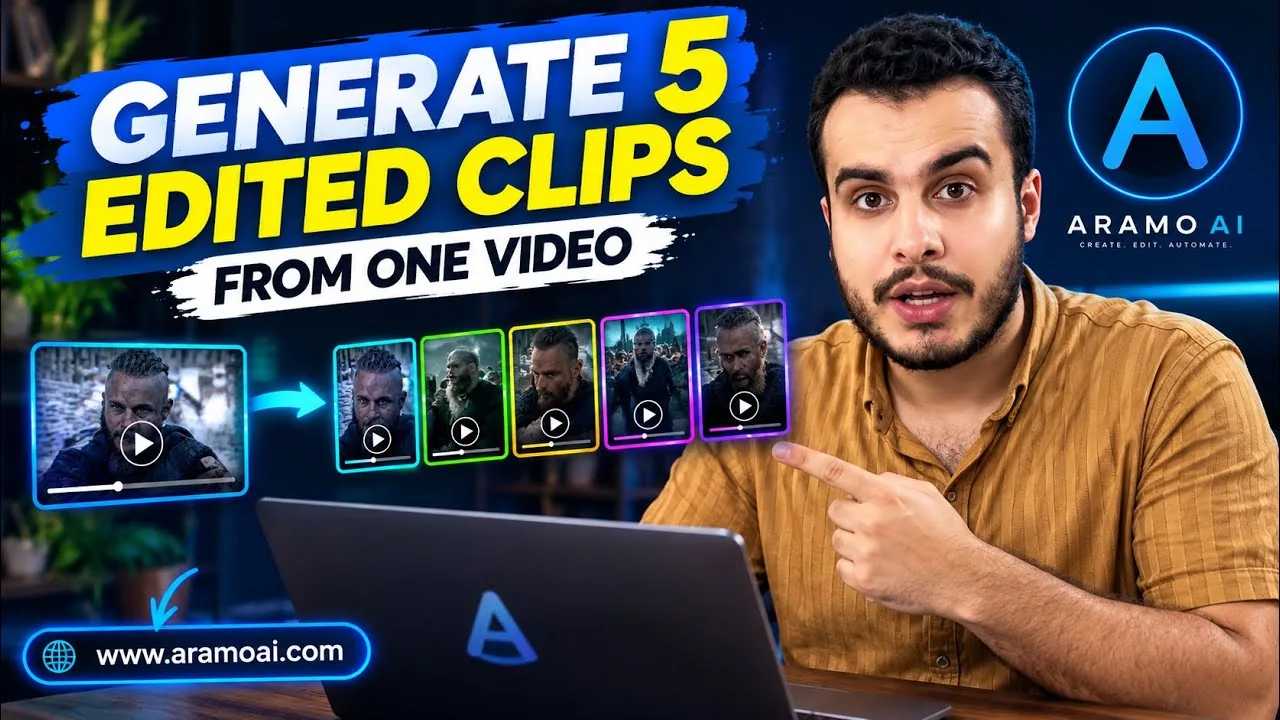 ARAMO turning one long video into five edited vertical clips